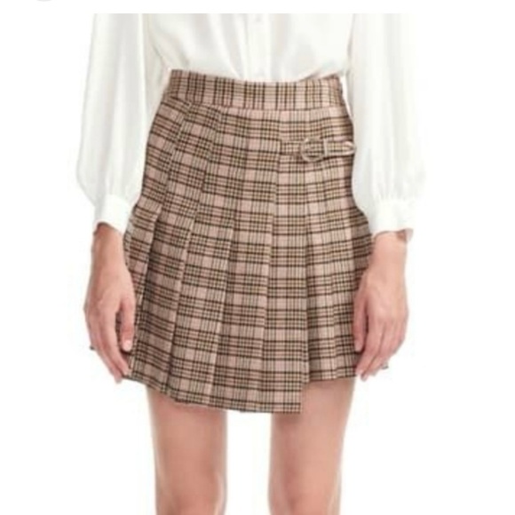 Maje Mini Skirt Pleated Plaid Asymmetrical Sz EU34/ 2 Brown Clueless Preppy - Picture 2 of 8